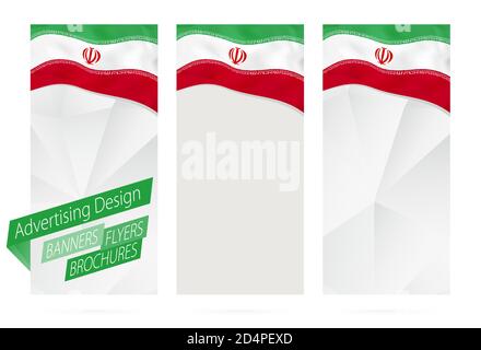Progettazione di striscioni, volantini, opuscoli con bandiera dell'Iran. Modello di opuscolo per sito Web o stampa. Illustrazione vettoriale. Illustrazione Vettoriale