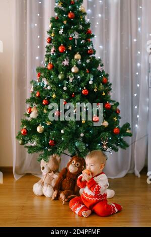 Il bambino piccolo sta snacking su una mela davanti a. Un albero di Natale con i suoi giocattoli imbottiti sotto di esso Foto Stock