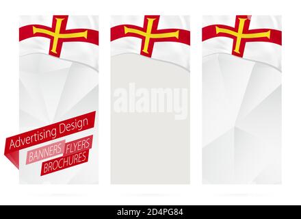 Progettazione di striscioni, volantini, opuscoli con bandiera di Guernsey. Modello di opuscolo per sito Web o stampa. Illustrazione vettoriale. Illustrazione Vettoriale