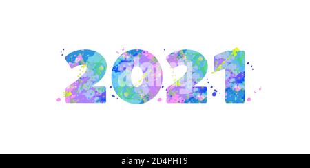 2021 buon Natale e un buon anno nuovo banner. Caratteri tipografici vettoriali creativi con macchie di vernice multicolore su sfondo bianco. Modello per volantino di Natale, biglietto d'auguri, brochure. Illustrazione Vettoriale