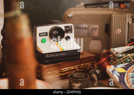 Sermoneta / Italia. 26 marzo 2017: Telecamera di marca Polaroid d'epoca, modello 1000. All'interno di una vetrina all'interno di un magazzino nel centro storico Foto Stock
