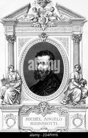 Michelangelo di Lodovico Buonarroti Simoni. Scultore, pittore, architetto e poeta italiano. 1475-1564. Illustrazione antica. 1875. Foto Stock