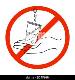 Non bere acqua segno isolato su sfondo bianco. Acqua non potabile. Segno circolare rosso con acqua, gocce, vetro e mano. Non bevibile Water.Vector Illustrazione Vettoriale