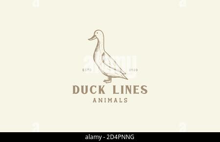 disegno dell'illustrazione dell'icona vettoriale con logo vintage inciso con linea duck Illustrazione Vettoriale