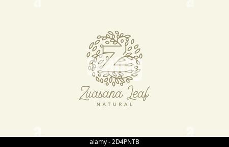 Z iniziale o lettera Z con ornamento delle foglie su cerchio design con icone vettoriali e logo moderno di lusso Illustrazione Vettoriale