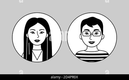 Uomo e donna asiatici, pittogramma vettoriale bianco e nero. Coreano, giapponese o cinese, semplice icona piatta. Cartoon simpatico gente, profilo avatar. Illustrazione Vettoriale