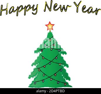 Albero ornato di abete nuovo anno e iscrizione felice anno nuovo Illustrazione Vettoriale