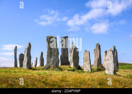 Callanish Standing Stones, cerchio di pietra di 3000 anni, Isola di Lewis, Ebridi esterne, Scozia, Regno Unito, Europa Foto Stock