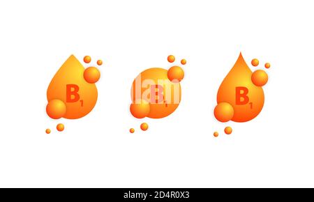 Set di icone vitamina B1. Brillante goccia d'oro di sostanza. Complesso vitaminico con formula chimica, gruppo B, tiamina. Vettore su sfondo bianco isolato Illustrazione Vettoriale