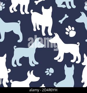 Modello senza cuciture con silhouette per cani. Winter design superficie texture circa cani. Figura vettoriale su sfondo blu scuro Illustrazione Vettoriale