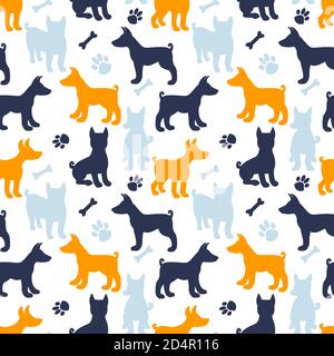 Modello senza cuciture con silhouette per cani. Stampa texture su cani. Illustrazione vettoriale isolata su sfondo bianco. Cane razza Basenji forma set Illustrazione Vettoriale