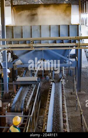 Concimi fosfato pianta. Macchina per la produzione di pellets. Trasportatore e lavoratore. Foto Stock