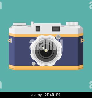 Fotocamera retrò in stile piatto vintage a vettoriale. Scatto di foto. Illustrazione Vettoriale