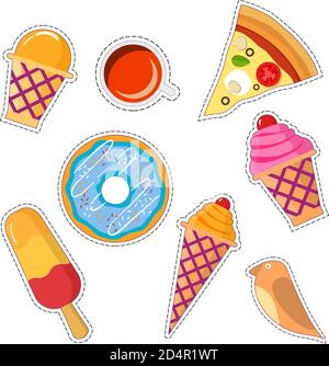 Adesivi Set di patch alimentari in stile pop art in 80s-90s.Vector badge e cartoni animati con una tazza di wafer di gelato. Illustrazione Vettoriale