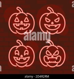 happy halloween set zucche in chiaro neon disegno vettoriale illustrazione Illustrazione Vettoriale