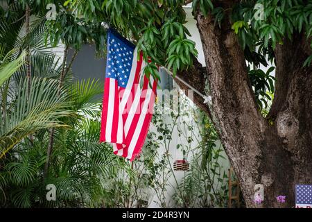 una bandiera americana all'esterno appesa ad un albero Foto Stock