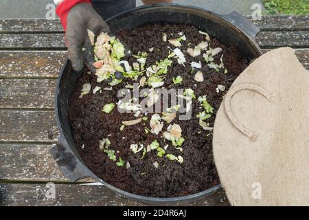 Peelings vegetali in un contenitore di vermicompost. Foto Stock