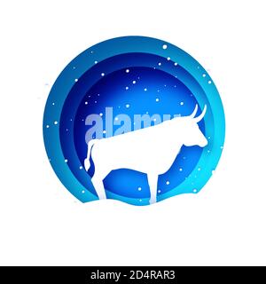 Bull anno nuovo. Felice Anno Nuovo. Toro, bue, mucca. 2021 Oroscopo lunare in stile taglio di carta. Blu. Vacanze invernali. Illustrazione Vettoriale