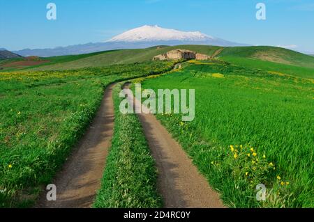 Paesaggio rurale della Sicilia in primavera con lungo e tortuoso strada sterrata viaggio campo verde e casa colonica abbandonata intorno Etna Monte innevato Foto Stock