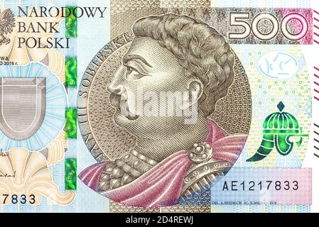 Macro foto del fronte della rara banconota da 500 zloty polacca, primo piano sul profilo di Jan III Sobieski. Foto Stock