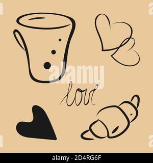 Set da caffè di elemens decorativi isolati. Disegno di disegno di disegno di linea disegnata a mano di tazza, cuori, brioche, amore di testo di scrittura Illustrazione Vettoriale