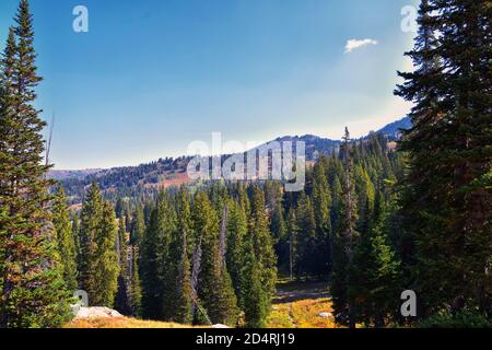 Il lago Mary Martha e il sentiero escursionistico Catherine si affacciano sul Sunset Peak sul Great Western Trail di Brighton, colori autunnali. Montagne Rocciose, Wasatch Foto Stock