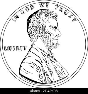 Soldi americani, un centesimo o un centesimo degli Stati Uniti, il presidente Lincoln su Obverse. Immagine in bianco e nero Illustrazione Vettoriale