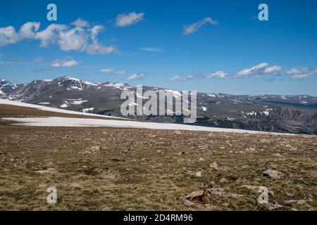 Neve d'estate lungo il Beartooth Pass (autostrada US 212), con splendide viste sulle montagne alpine del Montana e del Wyoming Foto Stock