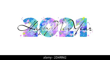 2021 buon Natale e un buon anno nuovo banner. Caratteri tipografici vettoriali creativi con macchie di vernice multicolore su sfondo bianco. Modello per volantino di Natale, biglietto d'auguri, brochure. Illustrazione Vettoriale