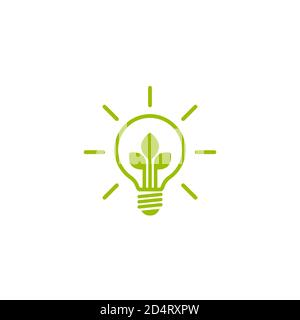 Contorno verde di lampadina elettrica brillante con foglia verde. Isolato su bianco. Icona contorno piatto. Illustrazione vettoriale. Diventa verde. Eco-friendly. Mondo Illustrazione Vettoriale