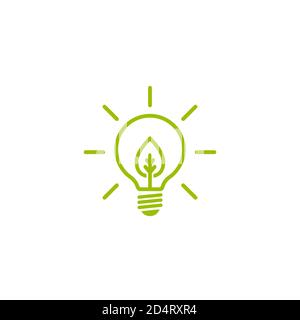 Contorno verde di lampadina elettrica brillante con foglia verde. Isolato su bianco. Icona contorno piatto. Illustrazione vettoriale. Diventa verde. Eco-friendly. Mondo Illustrazione Vettoriale