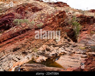 Piscine rocciose e uplift geologico, Hamersley Gorge, Karijini National Park, Australia Occidentale Foto Stock