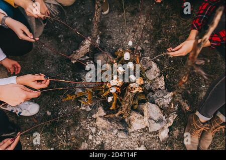 Gruppo senza volto di amici fry marshmallows su un fuoco nei boschi. Vista dall'alto. Foto Stock