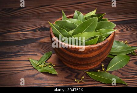 Foglie di alloro fresche in ciotola di legno su sfondo scuro Foto Stock