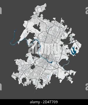 Mappa di Austin. Mappa vettoriale dettagliata dell'area amministrativa della città di Austin. Poster con strade e acqua su sfondo grigio. Illustrazione Vettoriale