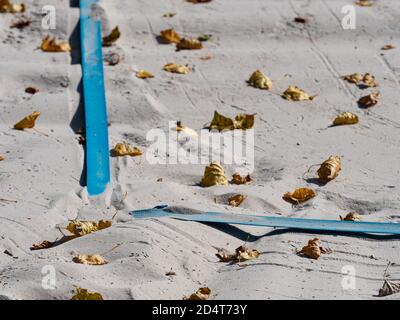 Foglie d'autunno caduto sulla sabbia bianca del Beach volley campo in un parco in autunno Foto Stock