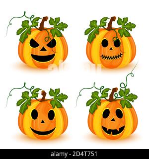 Set di zucche di Halloween con facce diverse isolate su sfondo bianco. Illustrazione vettoriale Illustrazione Vettoriale