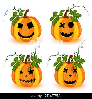 Set di zucche di Halloween con facce diverse isolate su sfondo bianco. Illustrazione vettoriale Illustrazione Vettoriale
