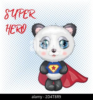 Carino panda con grandi occhi in un mantello da un super eroe, biglietto d'auguri illustrazione, cute animale Illustrazione Vettoriale