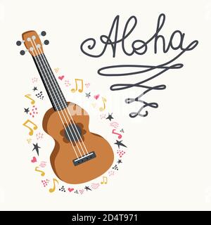 Fumetto ukulele con testo scritta per l'estate, musica poster modello di design. Illustrazione Vettoriale