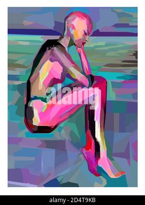 Pittura acrilica rappresentazione di una donna che pensa - vettore illustrazione Illustrazione Vettoriale