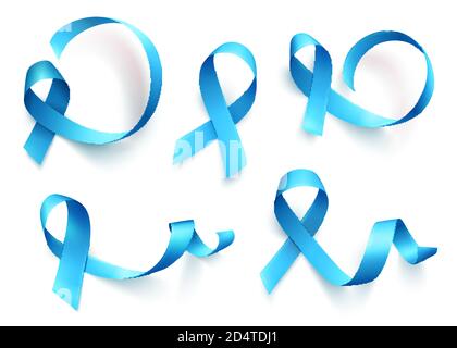 Grande set di nastri blu realistici isolati su sfondo bianco. Simbolo del mese di consapevolezza del cancro della prostata ad oggi. Modello per poster. Illustrazione vettoriale. Illustrazione Vettoriale