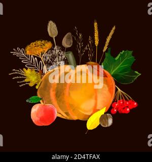 Autunno composizione di acquerelli illustrazioni di zucca, viburnum, mela, spiccate, noce, fungo, foglie su un nero Foto Stock
