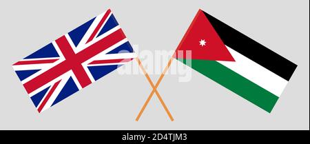 Bandiere incrociate della Giordania e del Regno Unito. Colori ufficiali. Proporzione corretta. Illustrazione vettoriale Illustrazione Vettoriale
