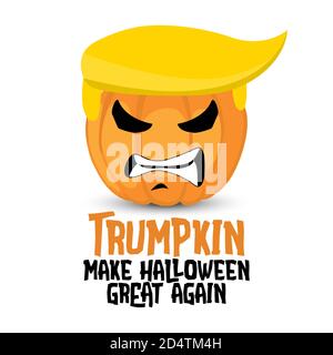Trump fa di nuovo Halloween grande - divertente illustrazione della zucca vettoriale con i capelli di Trump e la faccia arrabbiata. Citazione scritta disegnata a mano per 2020 Halloween e. Illustrazione Vettoriale