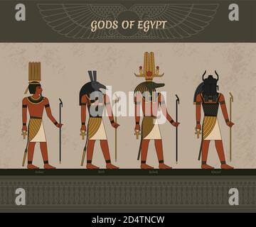 Simboli vettoriali dell'antico Egitto il sole alato egiziano, gli dei Thoth, Anhur, Sobek, Khepri, e altri simboli dell'egiziano. Illustrazione Vettoriale