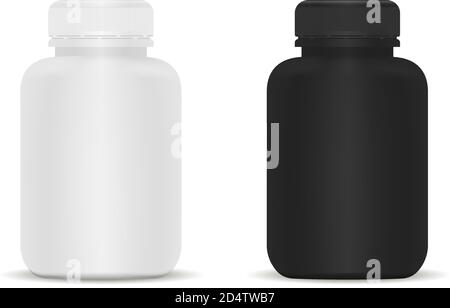 Set di flaconi per uso medico. Illustrazione vettoriale 3d in bianco e nero. Modello di mockup del pacchetto medico per pillole, capsule, farmaci. Sport e salute vita suppp Illustrazione Vettoriale