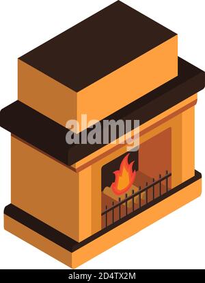 Camino Isometrica con la legna da ardere in fiamme. Illustrazione Vettoriale