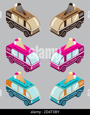 Gelato van isometric.Vector illustration.Frozen delicacy, bambini dolci. Illustrazione Vettoriale