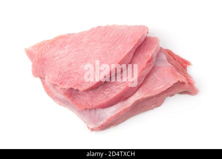 Bistecche di carne fresche a fette su fondo bianco. Macellaio. Foto Stock